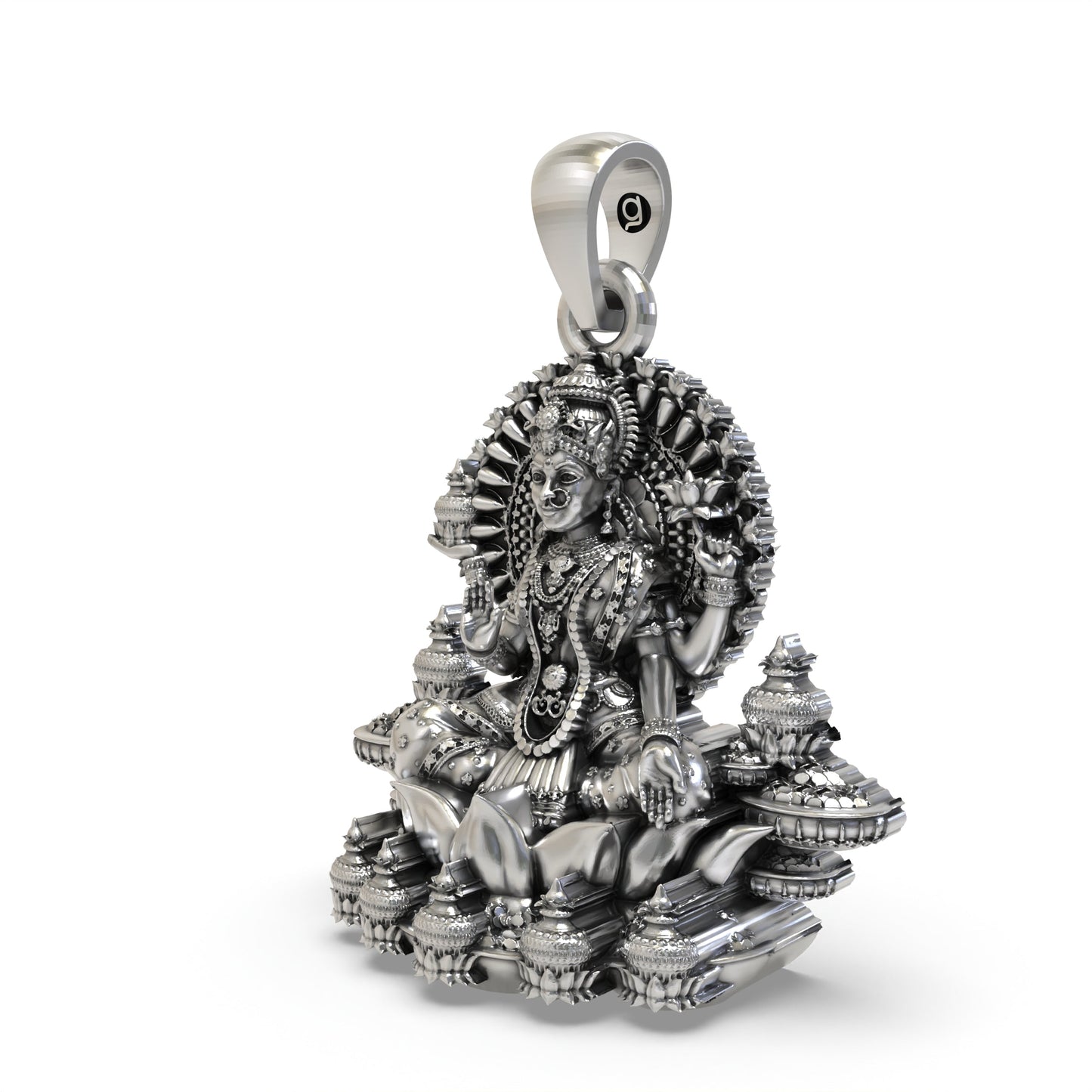 925 Sterling Silver Lakshmi Pendant — Goddess Mahalakshmi on Lotus with Kalash, Handmade Temple Jewellery