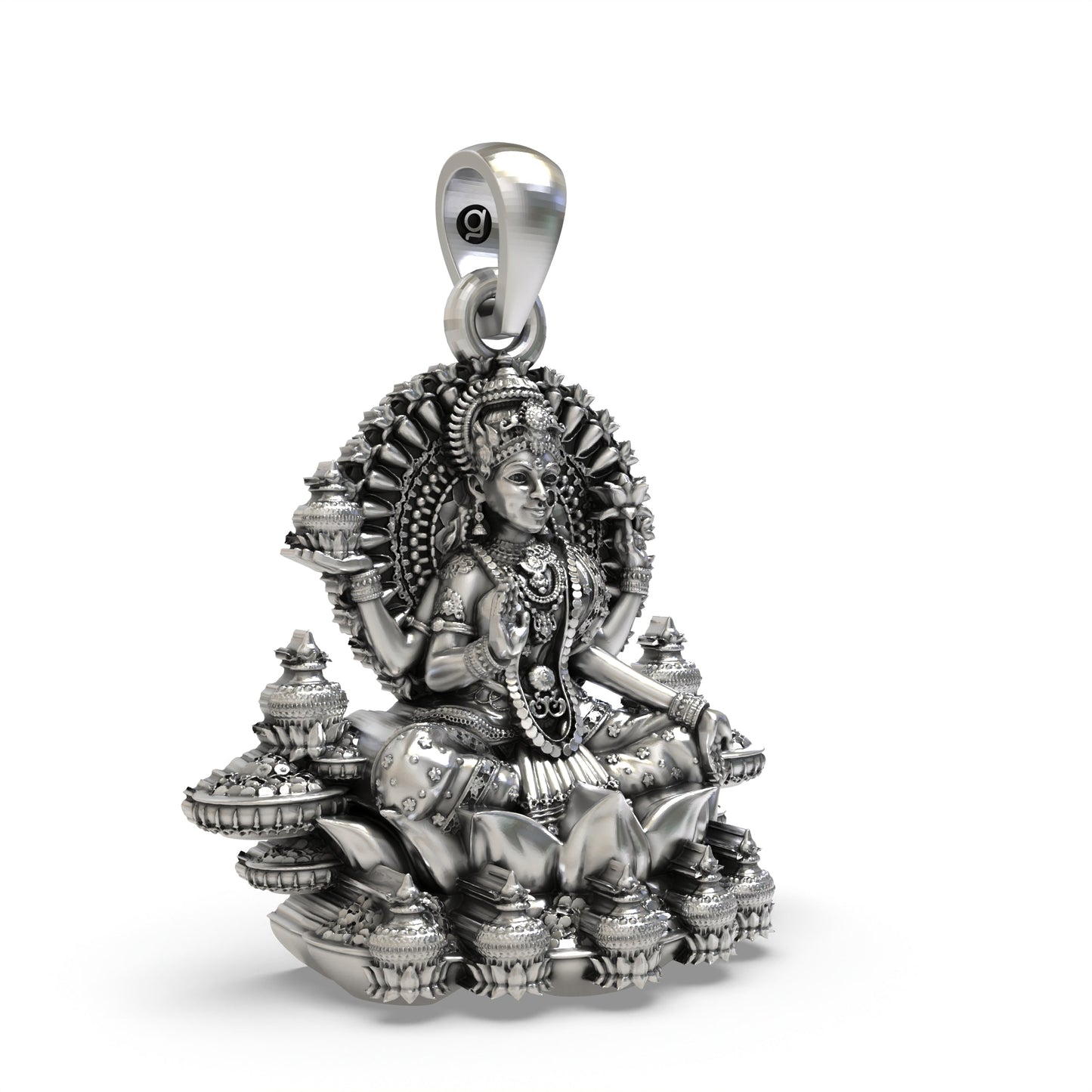 925 Sterling Silver Lakshmi Pendant — Goddess Mahalakshmi on Lotus with Kalash, Handmade Temple Jewellery