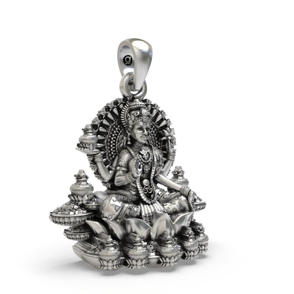 925 Sterling Silver Lakshmi Pendant — Goddess Mahalakshmi on Lotus with Kalash, Handmade Temple Jewellery