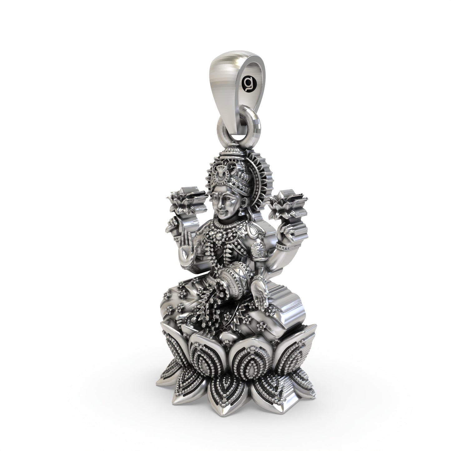 925 Sterling Silver Lakshmi Pendant — Goddess Mahalakshmi on Lotus with Kalash & Flowers, Handmade Temple Jewellery