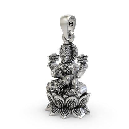 925 Sterling Silver Lakshmi Pendant — Goddess Mahalakshmi on Lotus with Kalash & Flowers, Handmade Temple Jewellery