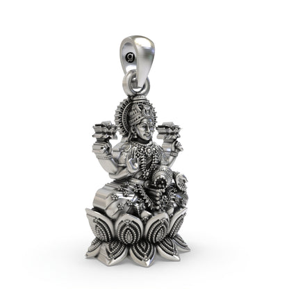 925 Sterling Silver Lakshmi Pendant — Goddess Mahalakshmi on Lotus with Kalash & Flowers, Handmade Temple Jewellery
