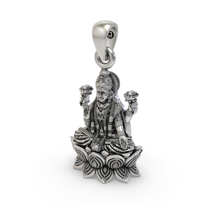 925 Sterling Silver Lakshmi Pendant — Goddess Mahalakshmi on Lotus with Blessing Mudra & Flowers, Handmade Temple Jewellery