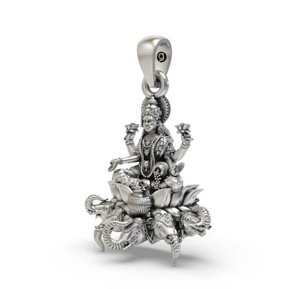925 Sterling Silver Gajalakshmi Pendant — Goddess Mahalakshmi on Lotus with Elephants & Kalash, Handmade Temple Jewellery