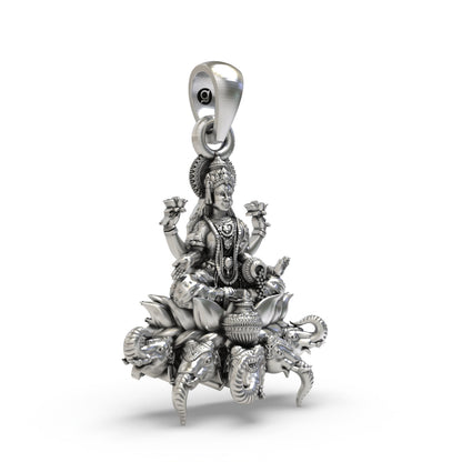 925 Sterling Silver Gajalakshmi Pendant — Goddess Mahalakshmi on Lotus with Elephants & Kalash, Handmade Temple Jewellery