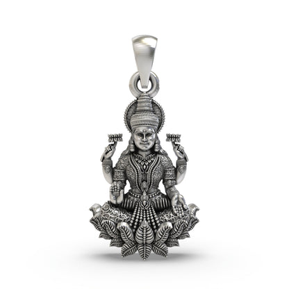 925 Sterling Silver Lakshmi Pendant — Goddess Mahalakshmi on Lotus with Blessings & Lotus Flowers, Handmade Temple Jewellery