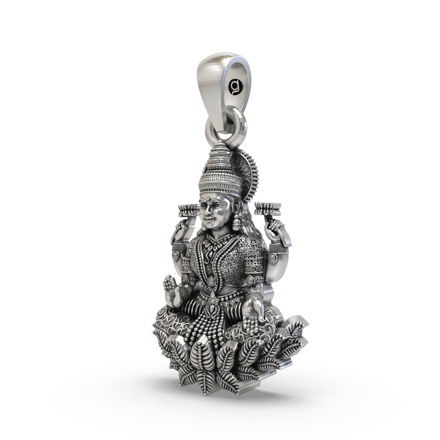 925 Sterling Silver Lakshmi Pendant — Goddess Mahalakshmi on Lotus with Blessings & Lotus Flowers, Handmade Temple Jewellery