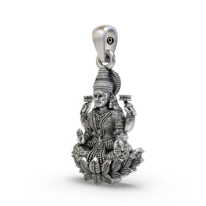 925 Sterling Silver Lakshmi Pendant — Goddess Mahalakshmi on Lotus with Blessings & Lotus Flowers, Handmade Temple Jewellery