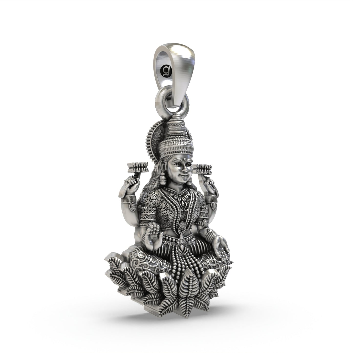 925 Sterling Silver Lakshmi Pendant — Goddess Mahalakshmi on Lotus with Blessings & Lotus Flowers, Handmade Temple Jewellery