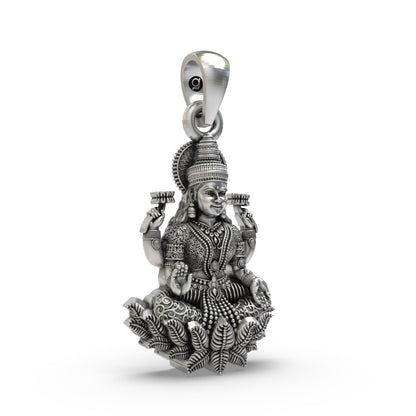 925 Sterling Silver Lakshmi Pendant — Goddess Mahalakshmi on Lotus with Blessings & Lotus Flowers, Handmade Temple Jewellery