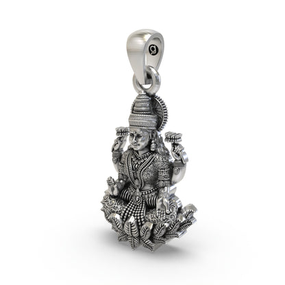 925 Sterling Silver Lakshmi Pendant — Goddess Mahalakshmi on Lotus with Blessings & Lotus Flowers, Handmade Temple Jewellery