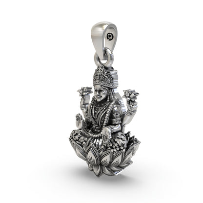 925 Sterling Silver Lakshmi Pendant — Goddess Mahalakshmi on Lotus with Blessing Mudra & Lotus Flowers, Handmade Temple Jewellery