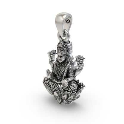 925 Sterling Silver Lakshmi Pendant — Goddess Mahalakshmi on Lotus with Blessing Mudra & Lotus Flowers, Handmade Temple Jewellery