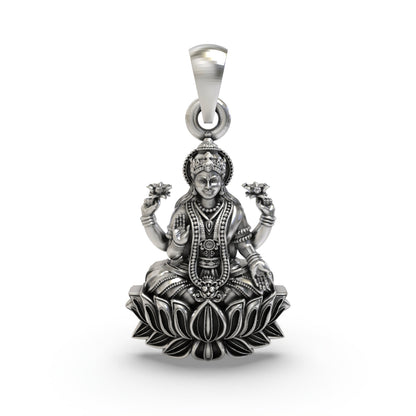 925 Sterling Silver Lakshmi Pendant — Goddess Mahalakshmi on Lotus with Blessing Mudra & Lotus Flowers, Handmade Temple Jewellery