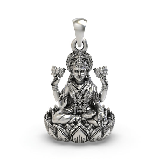 925 Sterling Silver Lakshmi Pendant — Goddess Mahalakshmi on Lotus with Blessing Mudra & Lotus Flowers, Handmade Temple Jewellery