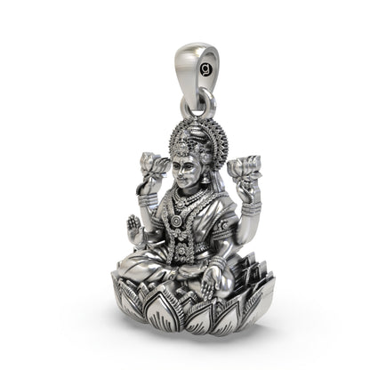 925 Sterling Silver Lakshmi Pendant — Goddess Mahalakshmi on Lotus with Blessing Mudra & Lotus Flowers, Handmade Temple Jewellery