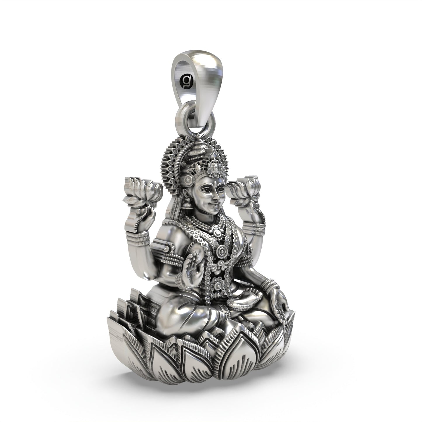 925 Sterling Silver Lakshmi Pendant — Goddess Mahalakshmi on Lotus with Blessing Mudra & Lotus Flowers, Handmade Temple Jewellery