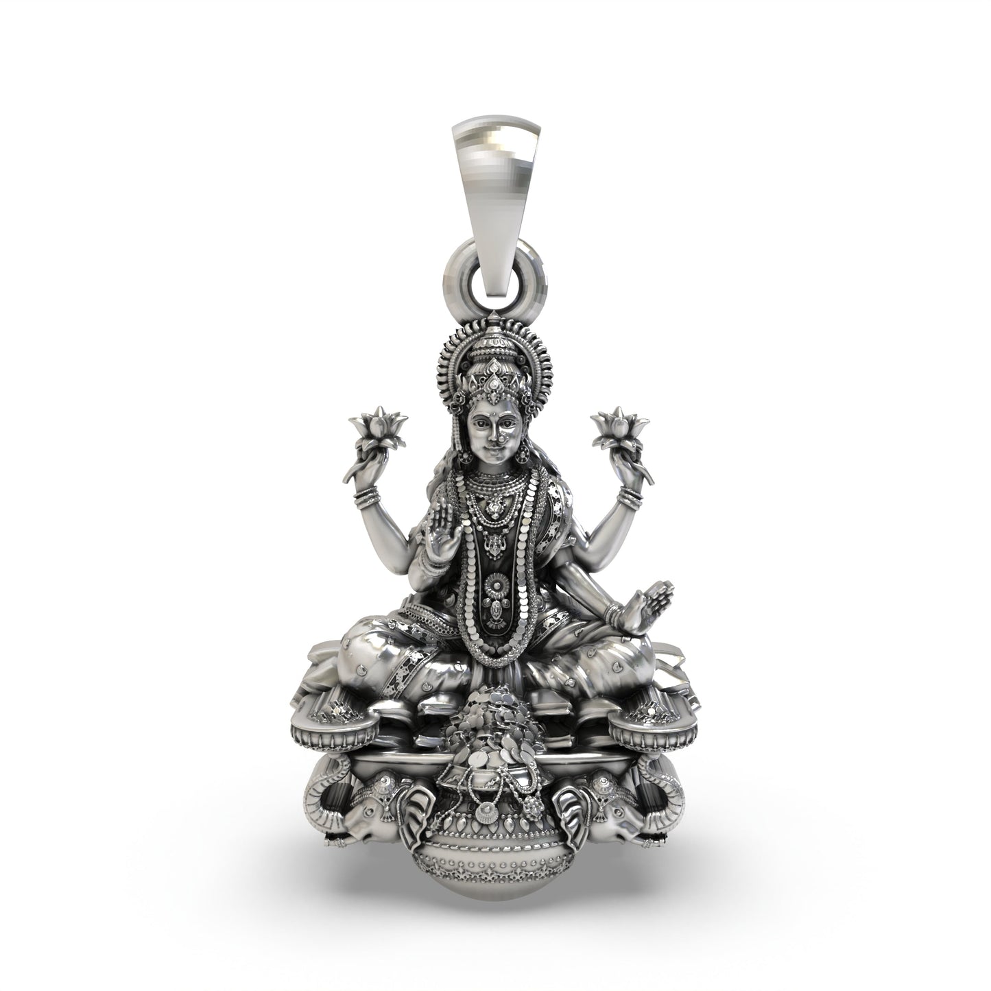 925 Sterling Silver Gajalakshmi Pendant — Goddess Mahalakshmi on Lotus with Elephants & Kalash, Handmade Temple Jewellery