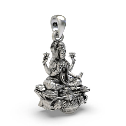 925 Sterling Silver Gajalakshmi Pendant — Goddess Mahalakshmi on Lotus with Elephants & Kalash, Handmade Temple Jewellery