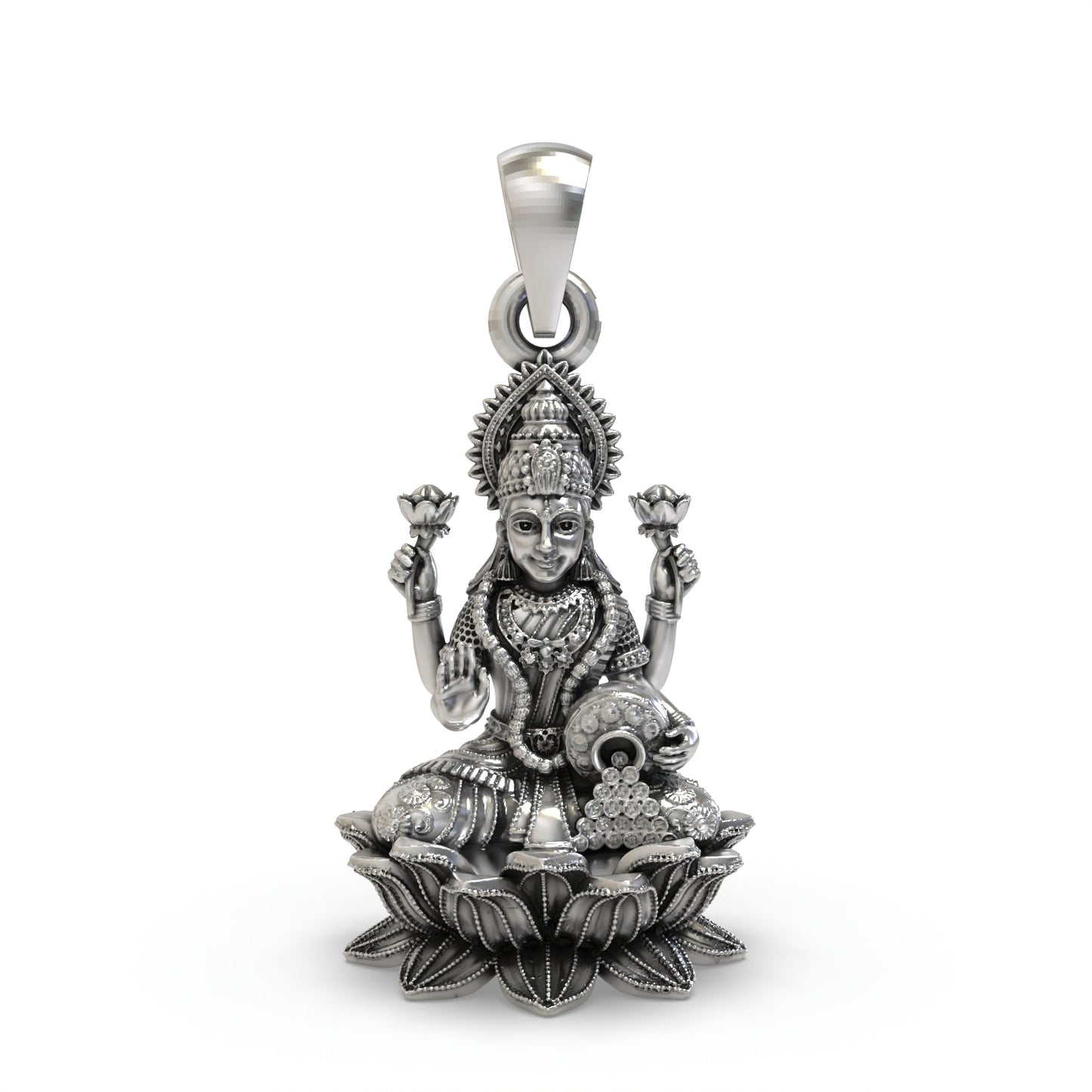 925 Sterling Silver Lakshmi Pendant — Goddess Mahalakshmi on Lotus with Blessing Mudra & Coin Pot, Handmade Temple Jewellery