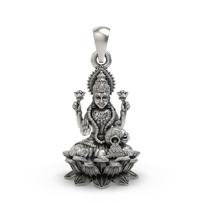 925 Sterling Silver Lakshmi Pendant — Goddess Mahalakshmi on Lotus with Blessing Mudra & Coin Pot, Handmade Temple Jewellery