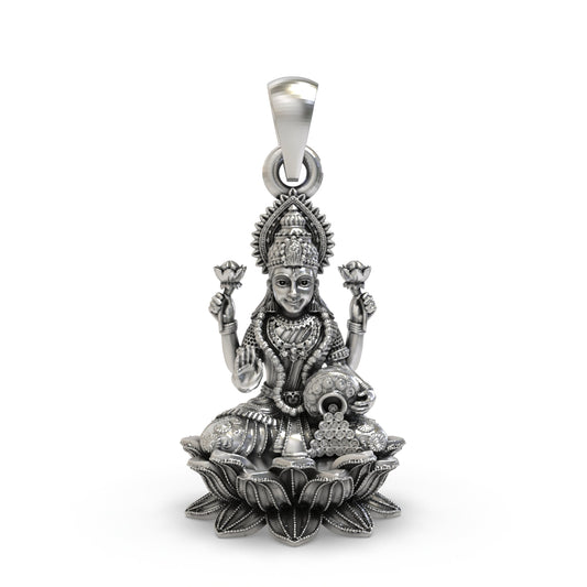 925 Sterling Silver Lakshmi Pendant — Goddess Mahalakshmi on Lotus with Blessing Mudra & Coin Pot, Handmade Temple Jewellery
