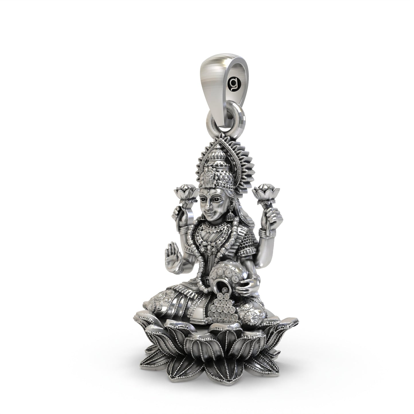 925 Sterling Silver Lakshmi Pendant — Goddess Mahalakshmi on Lotus with Blessing Mudra & Coin Pot, Handmade Temple Jewellery