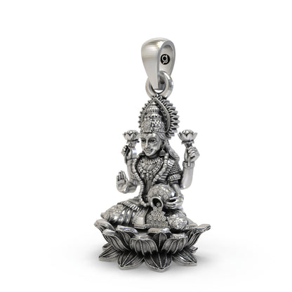 925 Sterling Silver Lakshmi Pendant — Goddess Mahalakshmi on Lotus with Blessing Mudra & Coin Pot, Handmade Temple Jewellery