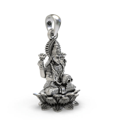 925 Sterling Silver Lakshmi Pendant — Goddess Mahalakshmi on Lotus with Blessing Mudra & Coin Pot, Handmade Temple Jewellery