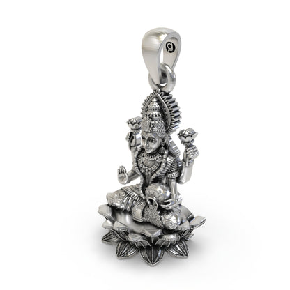925 Sterling Silver Lakshmi Pendant — Goddess Mahalakshmi on Lotus with Blessing Mudra & Coin Pot, Handmade Temple Jewellery