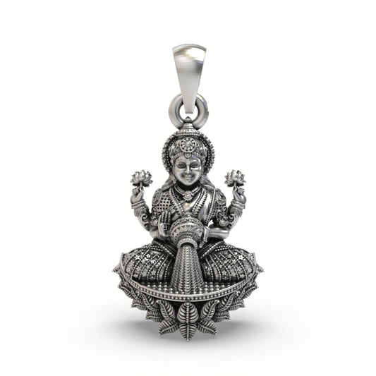 925 Silver Goddess Lakshmi Pendant | Handmade Mahalaxmi Lotus Jewelry