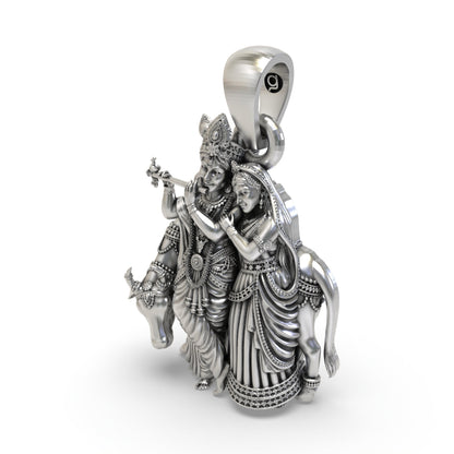 925 Silver Radha Krishna Pendant | Handmade Sterling Silver Cow Krishna Jewelry | Hallmarked Hindu Spiritual Locket
