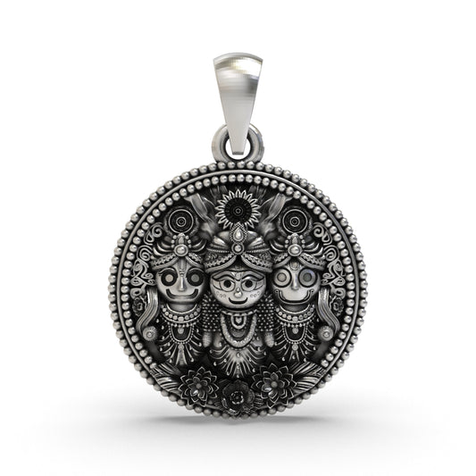925 Sterling Silver Jagannath Balabhadra Subhadra Pendant | Puri Jagannath Round Oxidized Medallion | Hindu Spiritual Necklace
