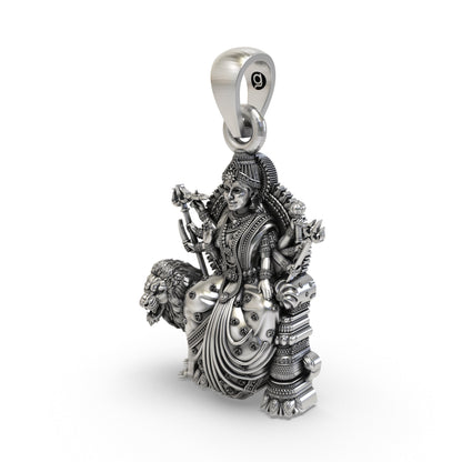 925 Silver Durga Maa Pendant – Simhavahini Lion & Trishul, Multi-Armed Idol, Antique-Oxidized Handcrafted Spiritual Jewelry, Navratri Gift