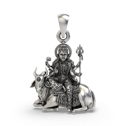 925 Silver Mahagauri Durga Pendant – Navadurga on Bull (Vrishabha Vahana) with Trishul & Lotus, Antique-Oxidized Handcrafted Spiritual Jewelry