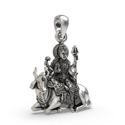 925 Silver Mahagauri Durga Pendant – Navadurga on Bull (Vrishabha Vahana) with Trishul & Lotus, Antique-Oxidized Handcrafted Spiritual Jewelry
