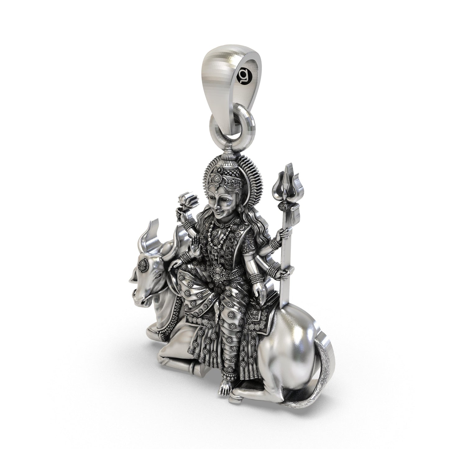 925 Silver Mahagauri Durga Pendant – Navadurga on Bull (Vrishabha Vahana) with Trishul & Lotus, Antique-Oxidized Handcrafted Spiritual Jewelry