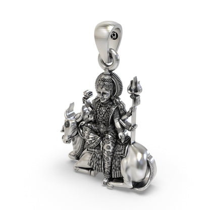 925 Silver Mahagauri Durga Pendant – Navadurga on Bull (Vrishabha Vahana) with Trishul & Lotus, Antique-Oxidized Handcrafted Spiritual Jewelry