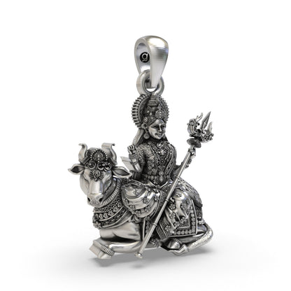 925 Silver Mahagauri Durga Pendant – Vrishabha Vahana (Bull) with Trishul, Antique-Oxidized Handcrafted Temple Jewelry, Navratri Gift