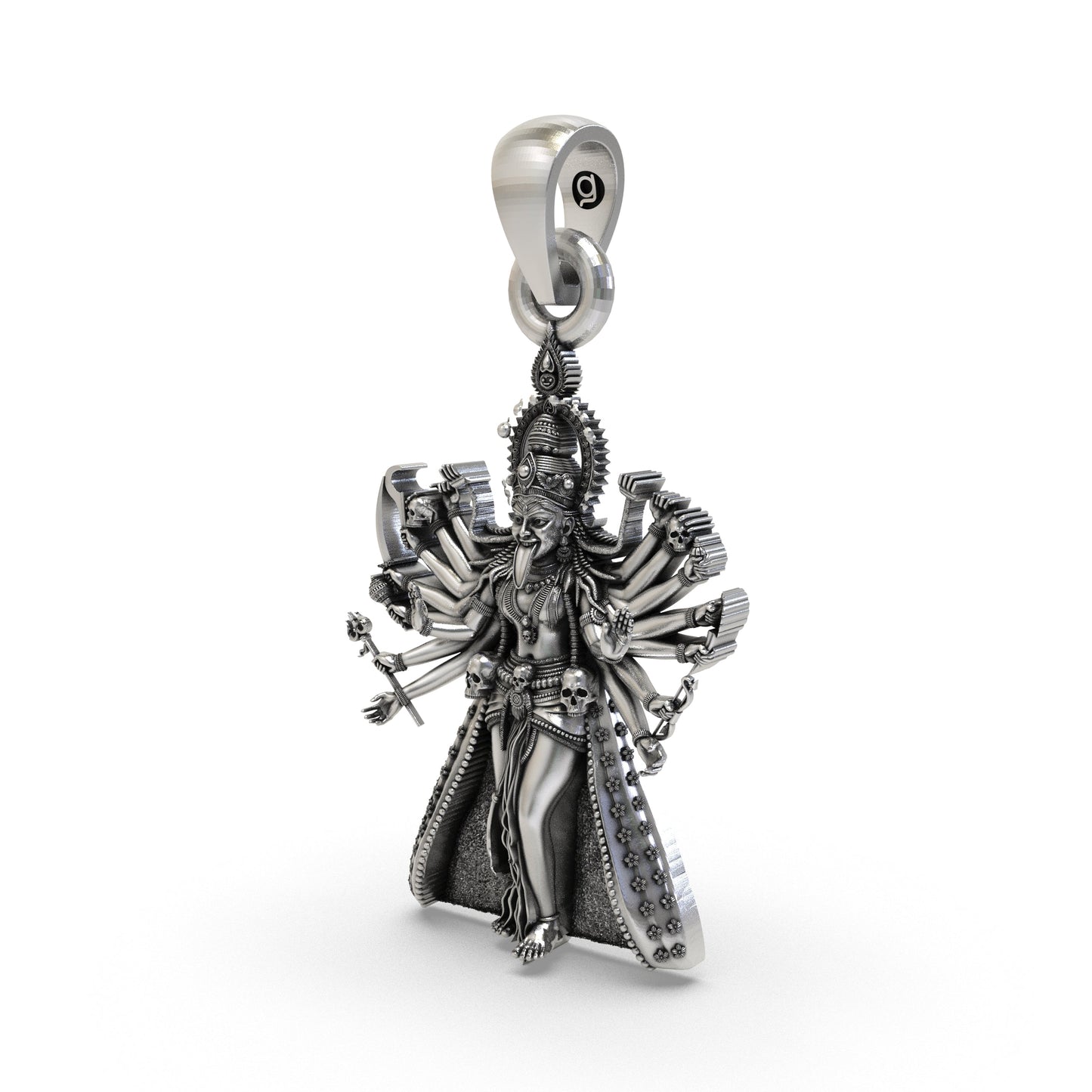 925 Silver Kali Maa Pendant – Mahakali Multi-Armed Idol with Trishul & Skull Garland, Antique-Oxidized Handcrafted Temple Jewelry, Navratri Gift