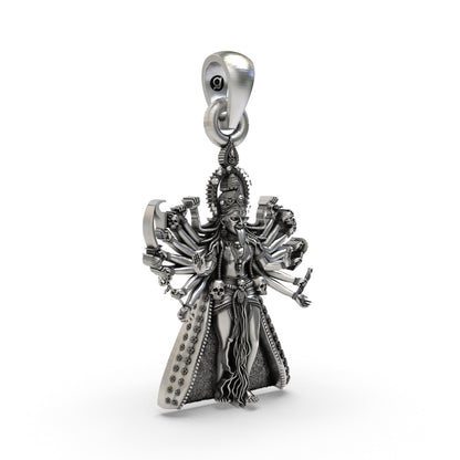 925 Silver Kali Maa Pendant – Mahakali Multi-Armed Idol with Trishul & Skull Garland, Antique-Oxidized Handcrafted Temple Jewelry, Navratri Gift