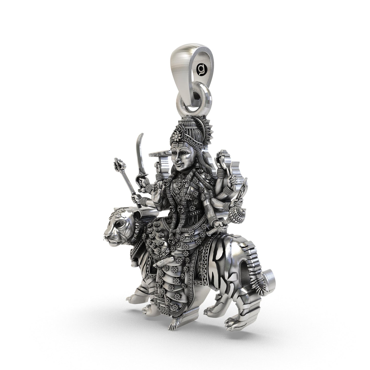 925 Silver Durga Maa Pendant – Tiger Vahana (Simhavahini), Multi-Armed Shakti with Trishul, Antique-Oxidized Handcrafted Temple Jewelry, Navratri Gift