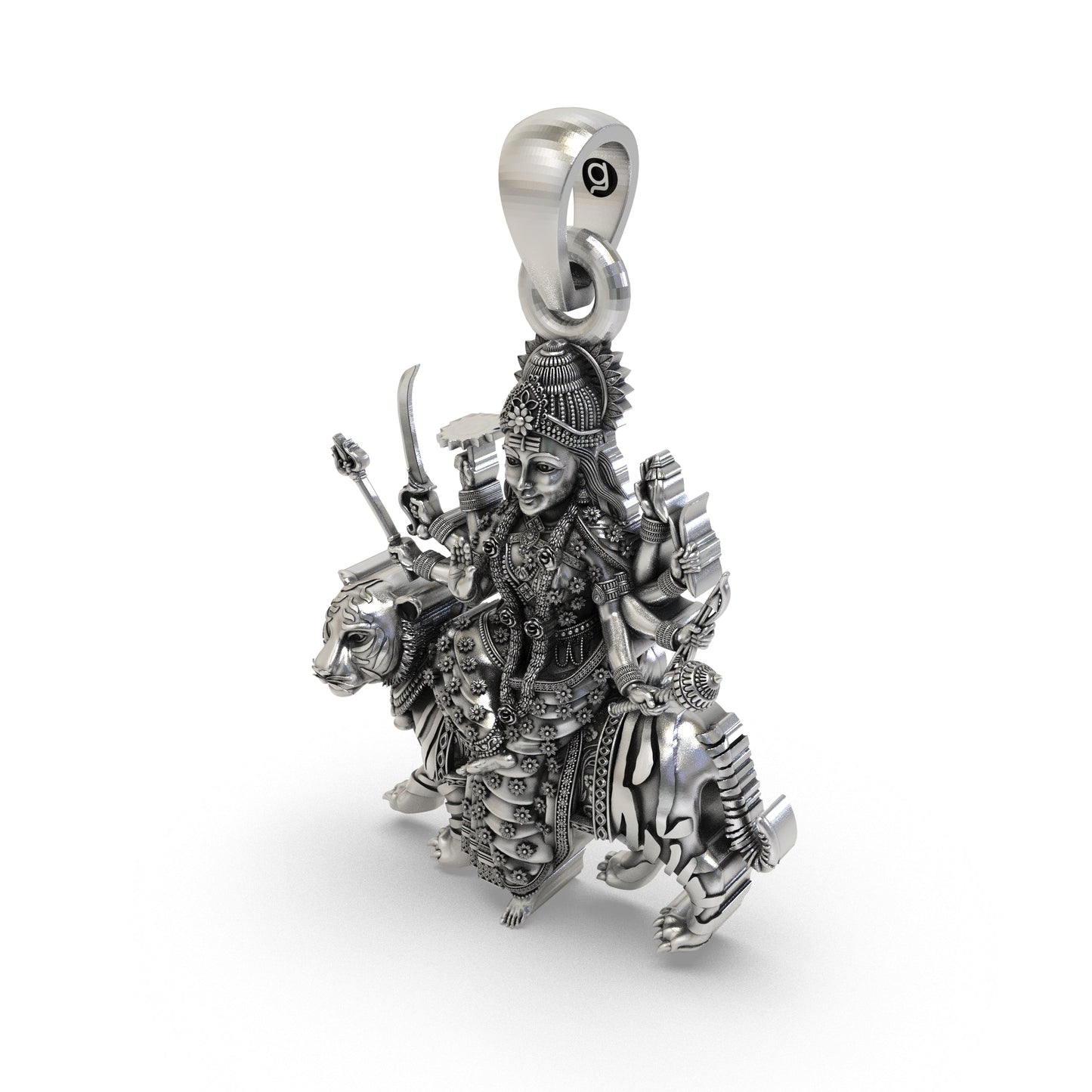 925 Silver Durga Maa Pendant – Tiger Vahana (Simhavahini), Multi-Armed Shakti with Trishul, Antique-Oxidized Handcrafted Temple Jewelry, Navratri Gift