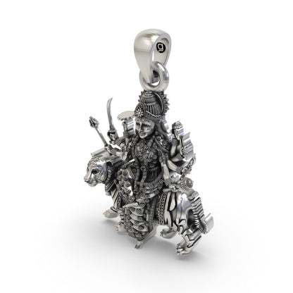 925 Silver Durga Maa Pendant – Tiger Vahana (Simhavahini), Multi-Armed Shakti with Trishul, Antique-Oxidized Handcrafted Temple Jewelry, Navratri Gift