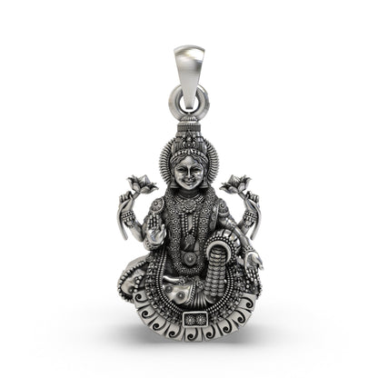 925 Silver Lakshmi Maa Pendant – Four-Armed Goddess on Lotus with Coin Garland & Blessing Hand, Antique-Oxidized Handcrafted Temple Jewelry