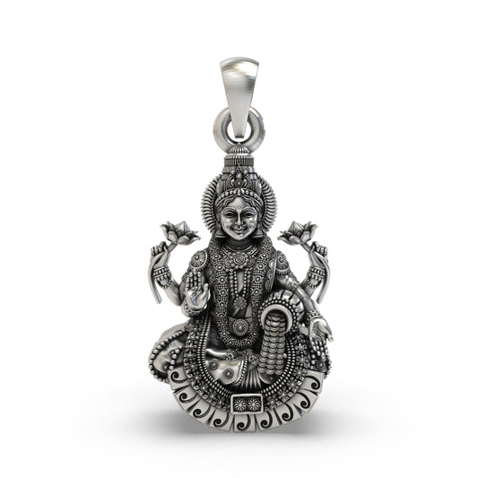 925 Silver Lakshmi Maa Pendant – Four-Armed Goddess on Lotus with Coin Garland & Blessing Hand, Antique-Oxidized Handcrafted Temple Jewelry