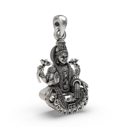 925 Silver Lakshmi Maa Pendant – Four-Armed Goddess on Lotus with Coin Garland & Blessing Hand, Antique-Oxidized Handcrafted Temple Jewelry