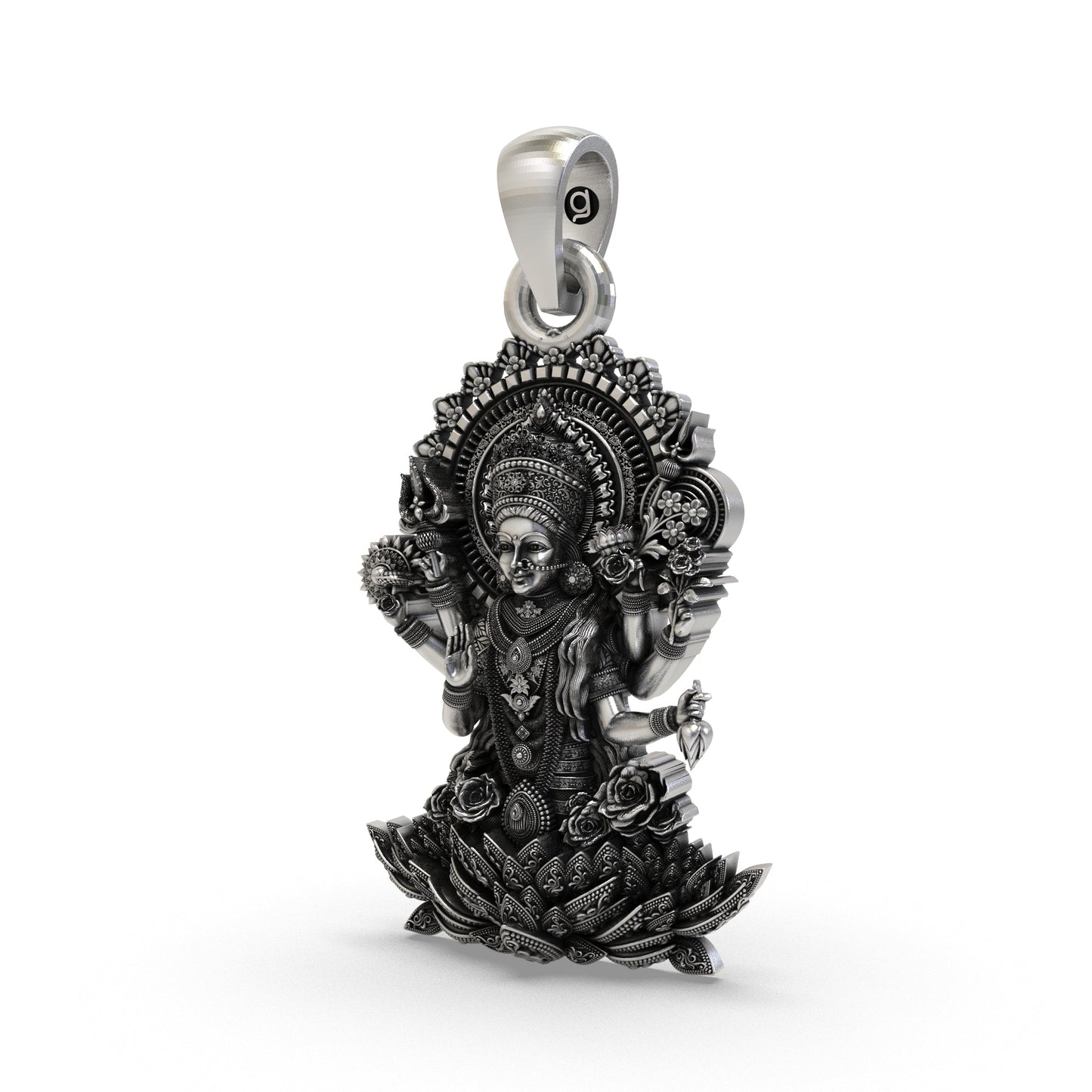 925 Silver Lakshmi Maa Pendant – Multi-Armed Goddess on Lotus with Floral Halo & Blessing Hand, Antique-Oxidized Handcrafted Temple Jewelry