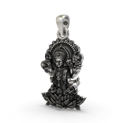 925 Silver Lakshmi Maa Pendant – Multi-Armed Goddess on Lotus with Floral Halo & Blessing Hand, Antique-Oxidized Handcrafted Temple Jewelry