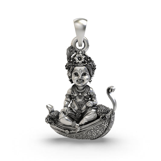 925 Silver Bal Krishna (Laddu Gopal) Pendant – Baby Krishna on Peepal Leaf with Peacock Feather Crown, Antique-Oxidized Handcrafted Devotional Jewelry